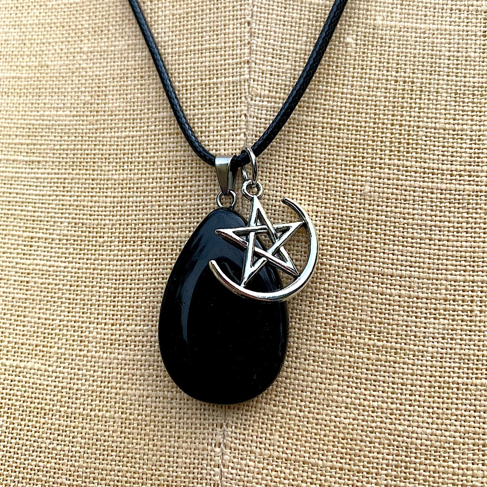 Handmade Obsidian Teardrop Stone Amulet with Pentagram Star and Moon Charm